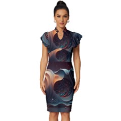 Ai Generated Space Design Fractal Light Motion Vintage Frill Sleeve V-neck Bodycon Dress by Ravend