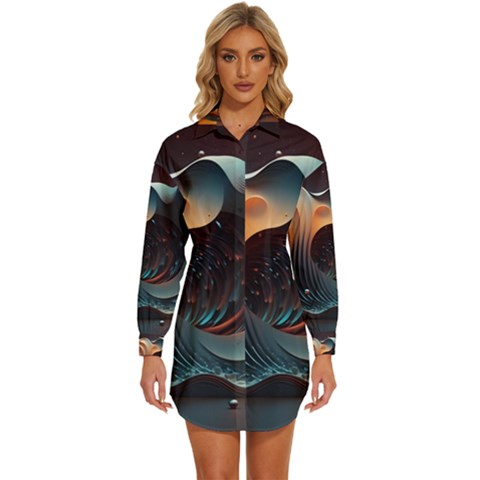 Ai Generated Space Design Fractal Light Motion Womens Long Sleeve Shirt Dress by Ravend