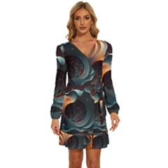 Ai Generated Space Design Fractal Light Motion Long Sleeve Waist Tie Ruffle Velvet Dress by Ravend