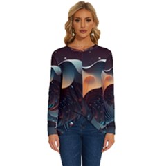 Ai Generated Space Design Fractal Light Motion Long Sleeve Crew Neck Pullover Top by Ravend