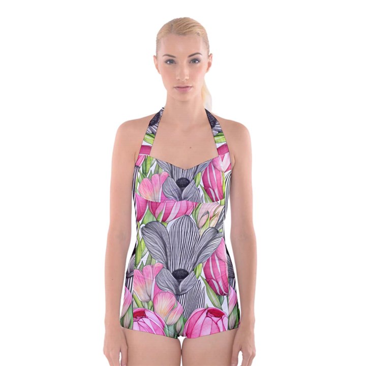 Budding And Captivating Boyleg Halter Swimsuit 