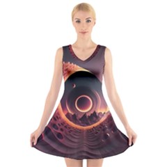 Ai Generated Swirl Space Design Fractal Light 3d Art V-neck Sleeveless Dress by Ravend