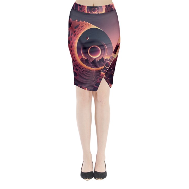 Ai Generated Swirl Space Design Fractal Light 3d Art Midi Wrap Pencil Skirt