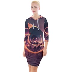 Ai Generated Swirl Space Design Fractal Light 3d Art Quarter Sleeve Hood Bodycon Dress by Ravend