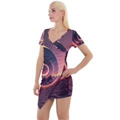 Ai Generated Swirl Space Design Fractal Light 3d Art Short Sleeve Asymmetric Mini Dress by Ravend