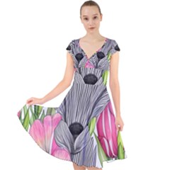 Budding And Captivating Cap Sleeve Front Wrap Midi Dress by GardenOfOphir