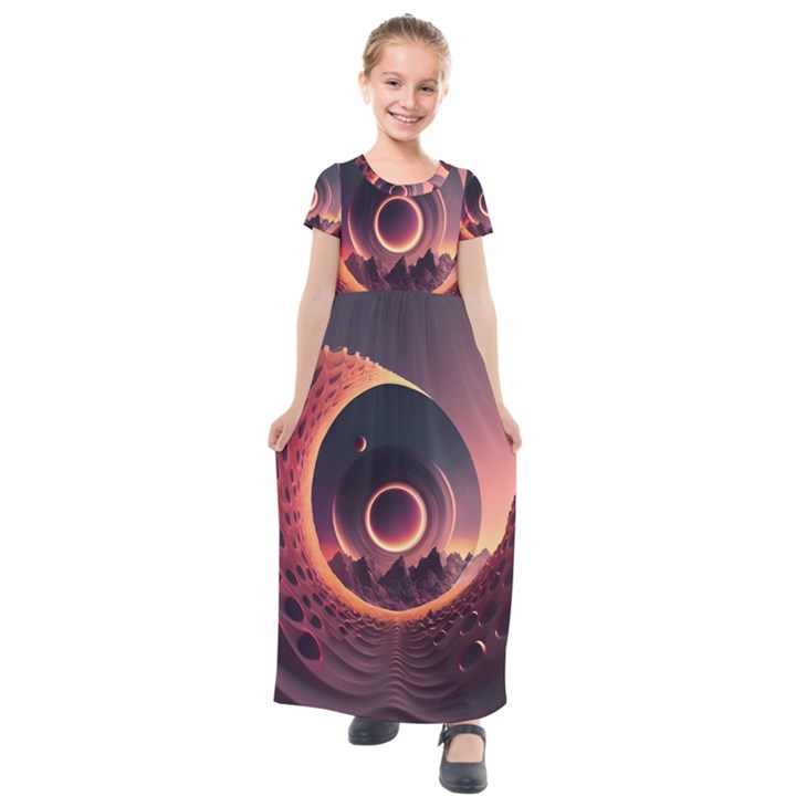 Ai Generated Swirl Space Design Fractal Light 3d Art Kids  Short Sleeve Maxi Dress