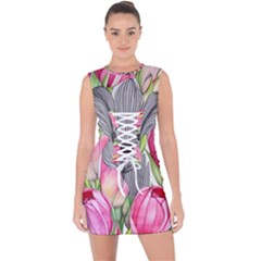 Budding And Captivating Lace Up Front Bodycon Dress by GardenOfOphir