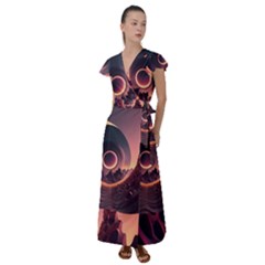 Ai Generated Swirl Space Design Fractal Light 3d Art Flutter Sleeve Maxi Dress by Ravend