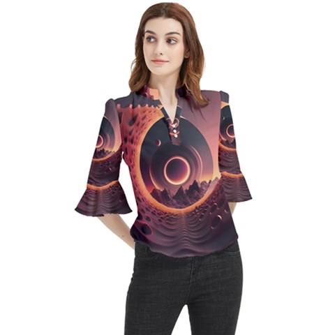 Ai Generated Swirl Space Design Fractal Light 3d Art Loose Horn Sleeve Chiffon Blouse by Ravend