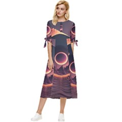 Ai Generated Swirl Space Design Fractal Light 3d Art Bow Sleeve Chiffon Midi Dress by Ravend