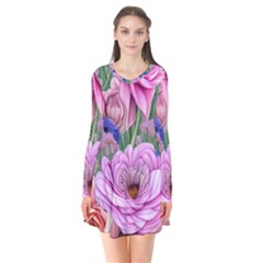 Broken And Budding Watercolor Flowers Long Sleeve V-neck Flare Dress by GardenOfOphir