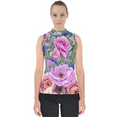 Broken And Budding Watercolor Flowers Mock Neck Shell Top by GardenOfOphir