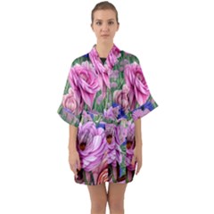 Broken And Budding Watercolor Flowers Half Sleeve Satin Kimono  by GardenOfOphir