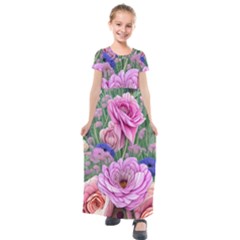 Broken And Budding Watercolor Flowers Kids  Short Sleeve Maxi Dress by GardenOfOphir