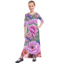 Broken And Budding Watercolor Flowers Kids  Quarter Sleeve Maxi Dress by GardenOfOphir