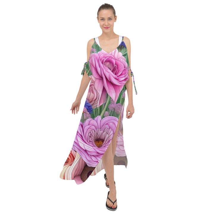 Broken And Budding Watercolor Flowers Maxi Chiffon Cover Up Dress