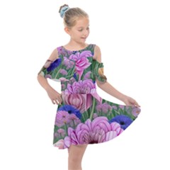 Broken And Budding Watercolor Flowers Kids  Shoulder Cutout Chiffon Dress by GardenOfOphir