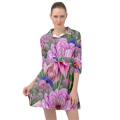 Broken And Budding Watercolor Flowers Mini Skater Shirt Dress