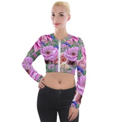 Broken And Budding Watercolor Flowers Long Sleeve Cropped Velvet Jacket by GardenOfOphir