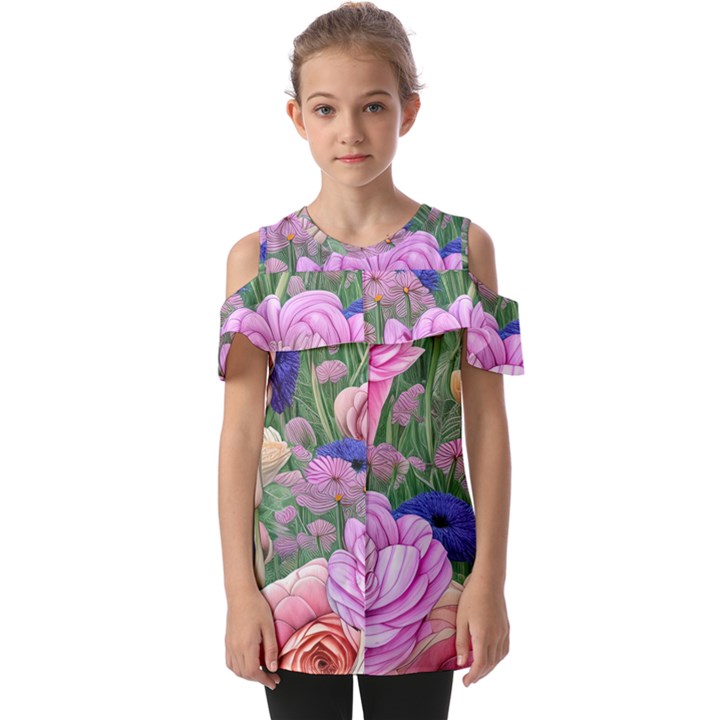 Broken And Budding Watercolor Flowers Fold Over Open Sleeve Top