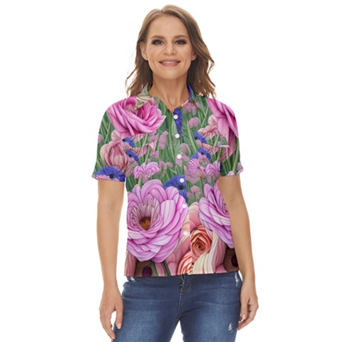 Broken And Budding Watercolor Flowers Women s Short Sleeve Double Pocket Shirt by GardenOfOphir