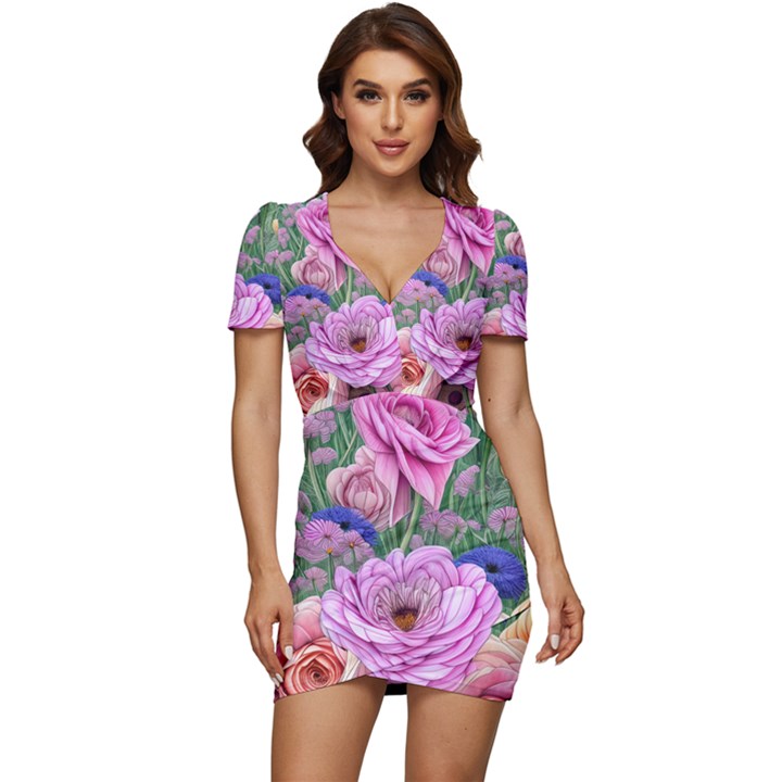 Broken And Budding Watercolor Flowers Low Cut Cap Sleeve Mini Dress