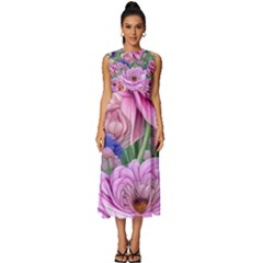 Broken And Budding Watercolor Flowers Sleeveless Round Neck Midi Dress