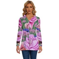 Broken And Budding Watercolor Flowers Long Sleeve Drawstring Hooded Top