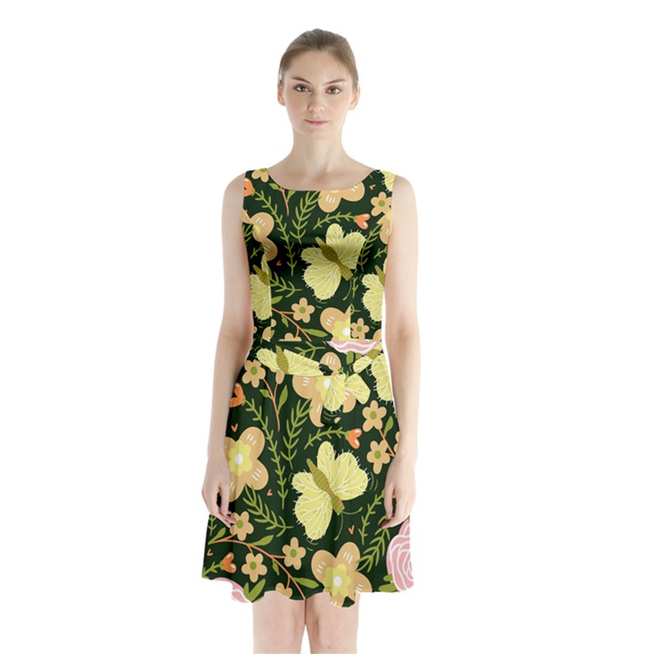 Flowers Rose Blossom Pattern Creative Motif Sleeveless Waist Tie Chiffon Dress