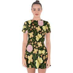 Flowers Rose Blossom Pattern Creative Motif Drop Hem Mini Chiffon Dress by Ravend