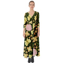 Flowers Rose Blossom Pattern Creative Motif Button Up Boho Maxi Dress by Ravend