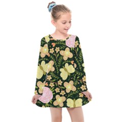 Flowers Rose Blossom Pattern Creative Motif Kids  Long Sleeve Dress by Ravend