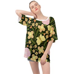 Flowers Rose Blossom Pattern Creative Motif Oversized Chiffon Top by Ravend