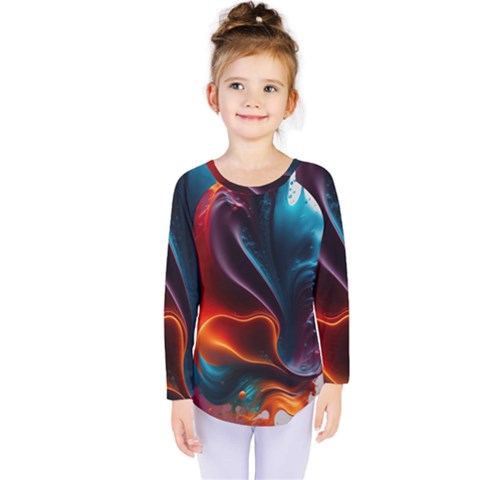 Ai Generated Swirl Splash Blaze Design Art Kids  Long Sleeve Tee by Ravend