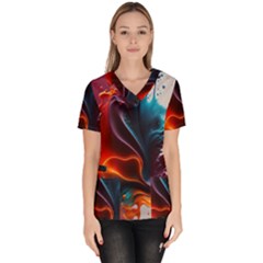 Ai Generated Swirl Splash Blaze Design Art Women s V-neck Scrub Top by Ravend