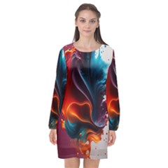 Ai Generated Swirl Splash Blaze Design Art Long Sleeve Chiffon Shift Dress  by Ravend