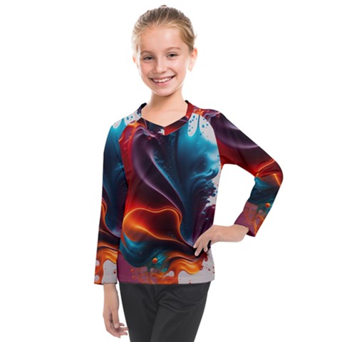 Ai Generated Swirl Splash Blaze Design Art Kids  Long Mesh Tee by Ravend