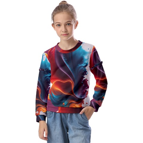 Ai Generated Swirl Splash Blaze Design Art Kids  Long Sleeve Tee With Frill  by Ravend