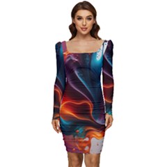 Ai Generated Swirl Splash Blaze Design Art Women Long Sleeve Ruched Stretch Jersey Dress by Ravend