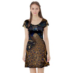 Peacock Plumage Bird Decorative Pattern Graceful Short Sleeve Skater Dress by Ravend