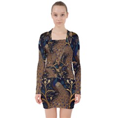 Peacock Plumage Bird Decorative Pattern Graceful V-neck Bodycon Long Sleeve Dress by Ravend