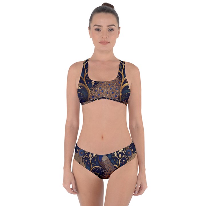 Peacock Plumage Bird Decorative Pattern Graceful Criss Cross Bikini Set