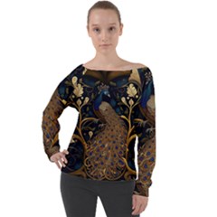 Peacock Plumage Bird Decorative Pattern Graceful Off Shoulder Long Sleeve Velour Top by Ravend