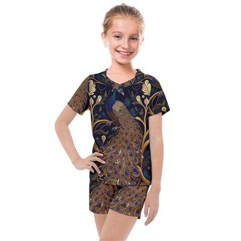 Peacock Plumage Bird Decorative Pattern Graceful Kids  Mesh Tee And Shorts Set by Ravend