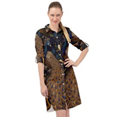 Peacock Plumage Bird Decorative Pattern Graceful Long Sleeve Mini Shirt Dress by Ravend