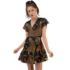 Peacock Plumage Bird Decorative Pattern Graceful Flutter Sleeve Wrap Dress by Ravend