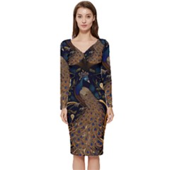 Peacock Plumage Bird Decorative Pattern Graceful Long Sleeve V-neck Bodycon Dress  by Ravend