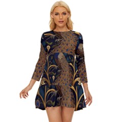 Peacock Plumage Bird Decorative Pattern Graceful Long Sleeve Babydoll Dress by Ravend