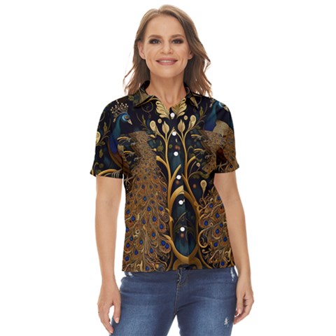 Peacock Plumage Bird Decorative Pattern Graceful Women s Short Sleeve Double Pocket Shirt by Ravend